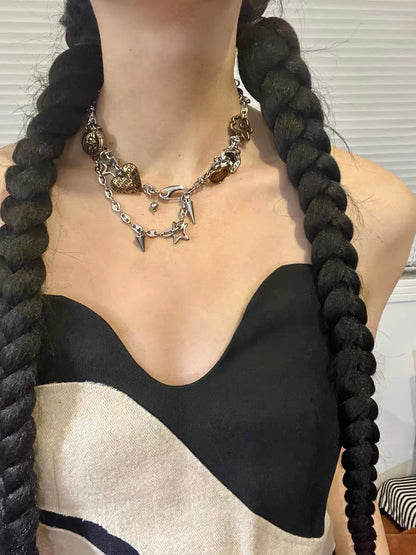 Chunky Niche Punk Sliver Necklace Choker Heart Pendant Trendy Cool Tassels Chain and Ring