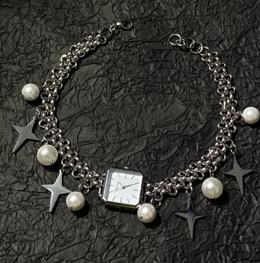 Vintagepunk silver watch chunky chain choker，Adorned with stars and pearls，CyberPunk Y2K choker，Special Gift For Man and Woman
