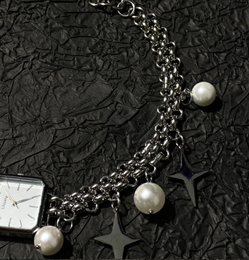 Vintagepunk silver watch chunky chain choker，Adorned with stars and pearls，CyberPunk Y2K choker，Special Gift For Man and Woman