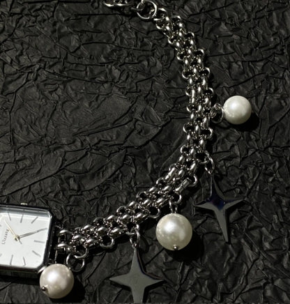 Vintagepunk silver watch chunky chain choker，Adorned with stars and pearls，CyberPunk Y2K choker，Special Gift For Man and Woman
