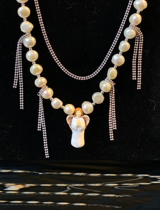 Vintage Angel pendant pearl necklace, silver double layered necklace,A perfect and special gift
