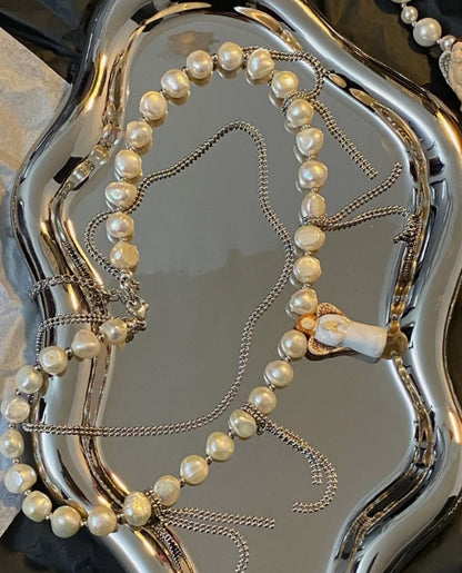 Vintage Angel pendant pearl necklace, silver double layered necklace,A perfect and special gift