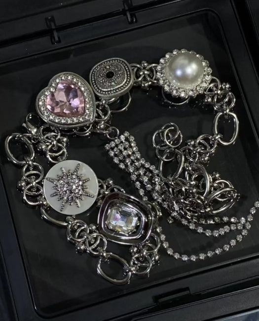 Vintagepunk Pink crystal silver chunky chain choker，adorned with tassels and pearls，Baroque style necklace
