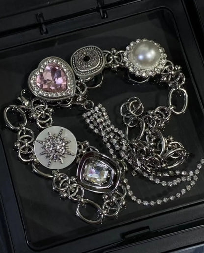 Vintagepunk Pink crystal silver chunky chain choker，adorned with tassels and pearls，Baroque style necklace