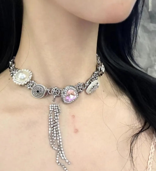 Vintagepunk Pink crystal silver chunky chain choker，adorned with tassels and pearls，Baroque style necklace
