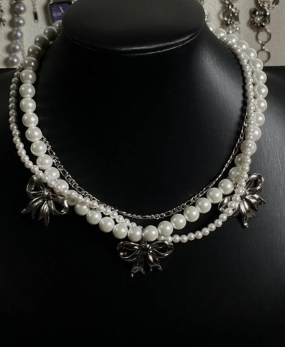 Vintagepunk Bow and Pearl Choker，Silver Three-Layer Stacked Choker，Y2Kchoker,Classic Elegance Style