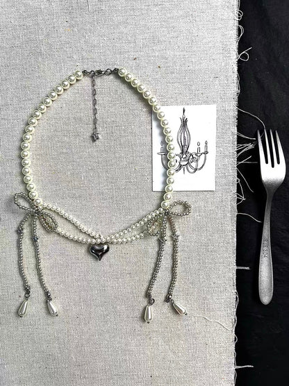 Pearl Bownot Lace Ribbon Necklace Choker and Cute Bow Stud Sliver Earrings Jewelry for Women
