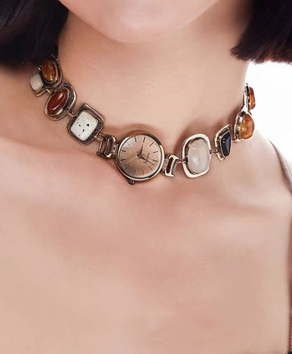 CyberPunk Watch Choker， Niche Chunky Chain Necklace， Vintage Gemstone Jewelry，Y2K Accessory