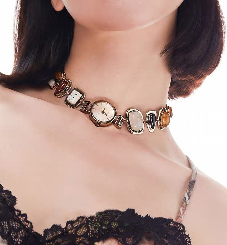 CyberPunk Watch Choker， Niche Chunky Chain Necklace， Vintage Gemstone Jewelry，Y2K Accessory