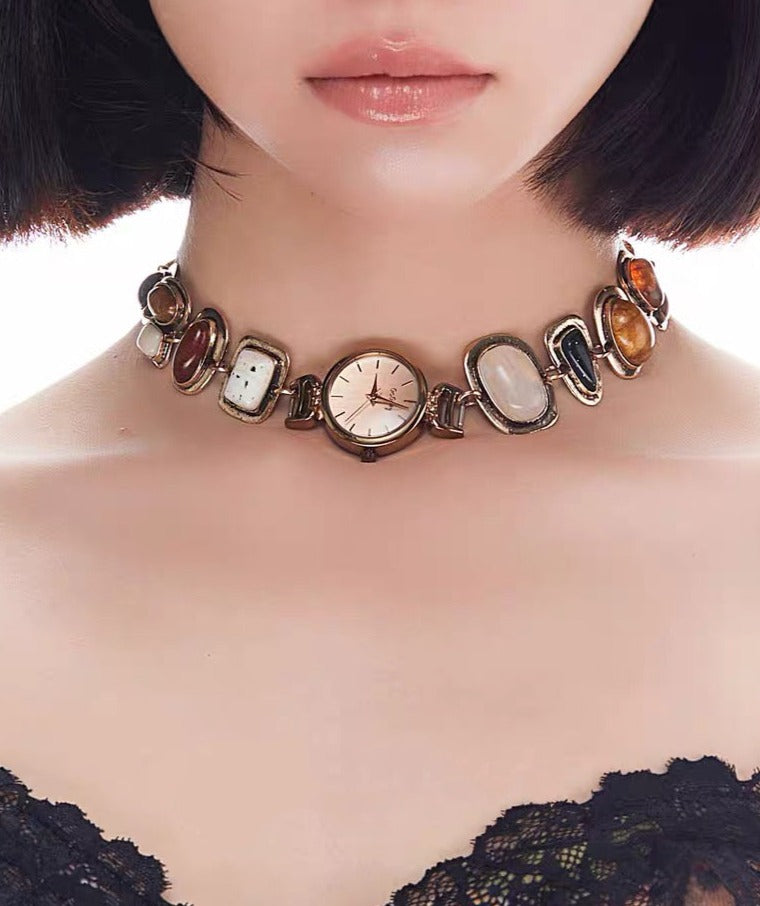 CyberPunk Watch Choker， Niche Chunky Chain Necklace， Vintage Gemstone Jewelry，Y2K Accessory