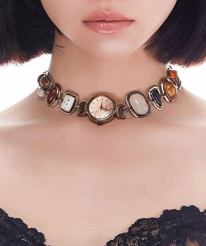 CyberPunk Watch Choker， Niche Chunky Chain Necklace， Vintage Gemstone Jewelry，Y2K Accessory