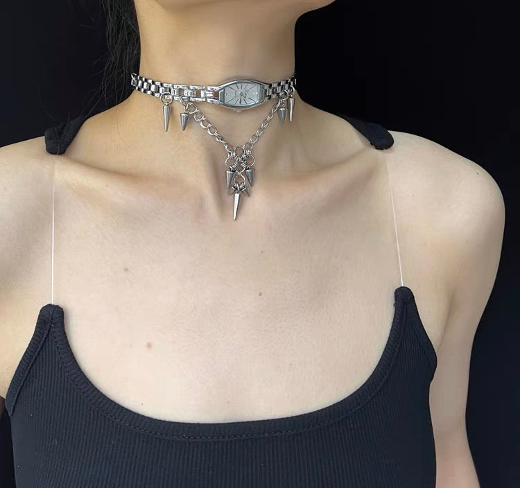 Y2K Cyber Punk Niche Chunky Watch Choker Metallic Necklace Sliver Titanium Steel Chain