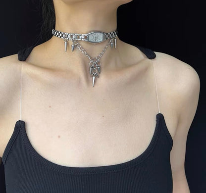 Y2K Cyber Punk Niche Chunky Watch Choker Metallic Necklace Sliver Titanium Steel Chain