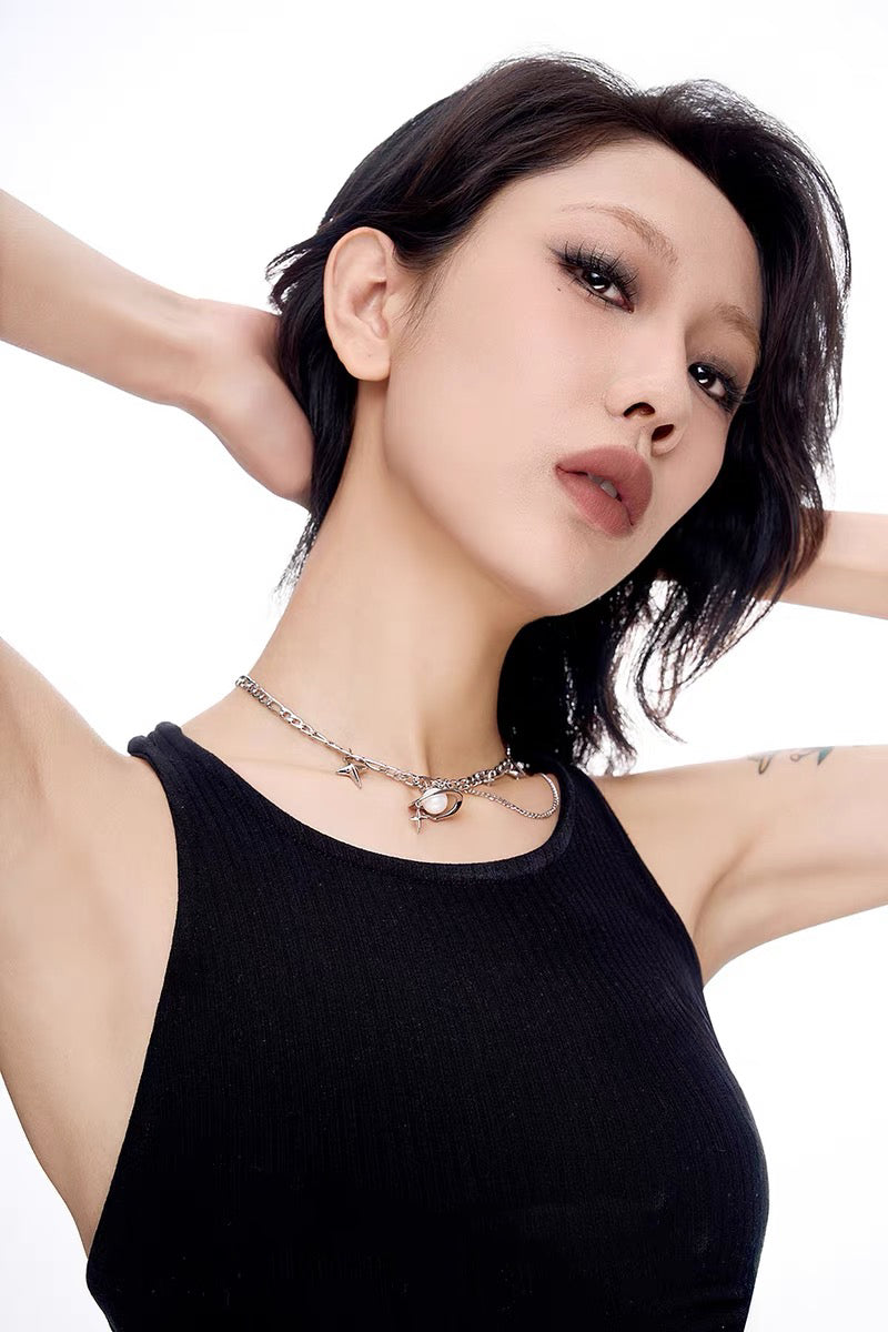 Cyber Punk Niche Chunky Pearl Star Pendant Choker Y2K Metallic Layer Necklace Sliver Chain