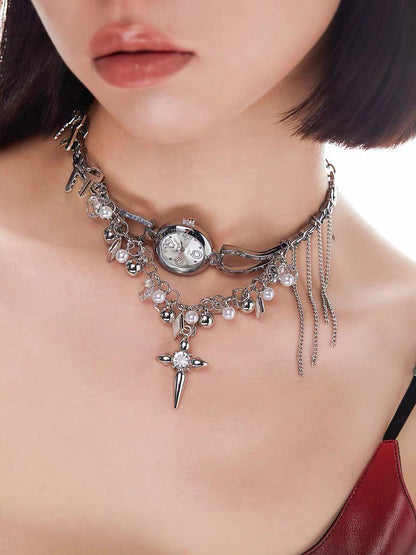 Y2K Cyber Punk Watch Cross Choker Metallic Niche Chunky Pearl Beaded Vintage Jewelry Necklace