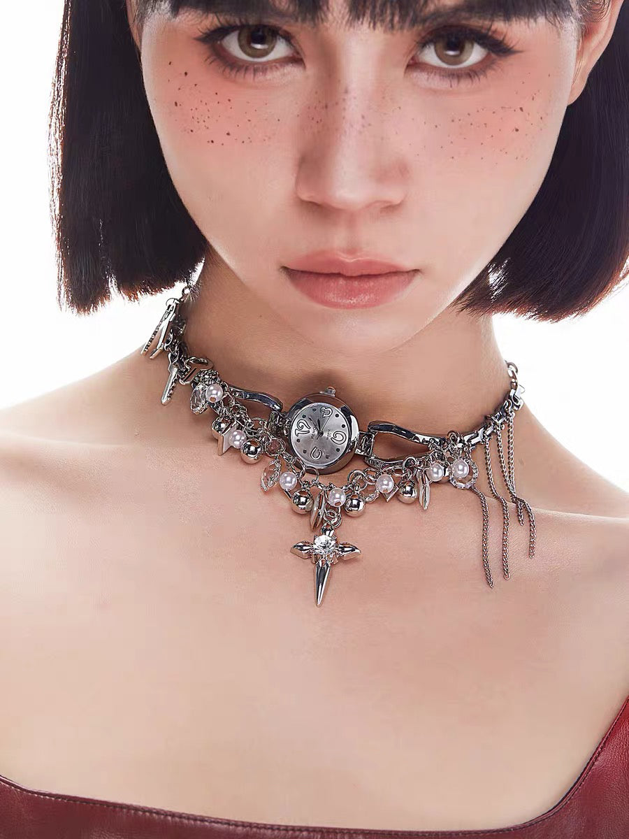 Y2K Cyber Punk Watch Cross Choker Metallic Niche Chunky Pearl Beaded Vintage Jewelry Necklace