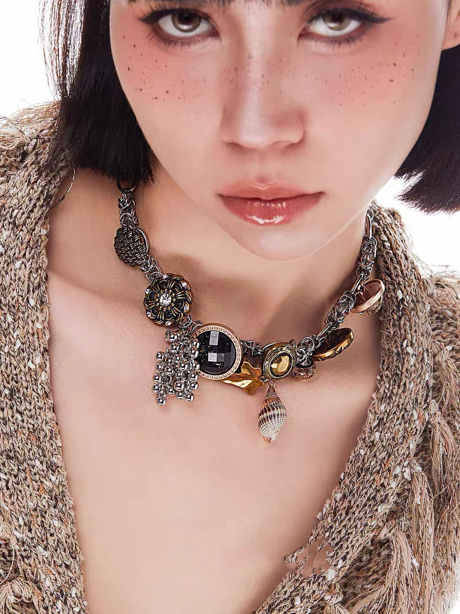 Vintage Jewelry Choker Rhinestone Pendant Necklace Niche Punk Chunky Sliver Chain Accesseries