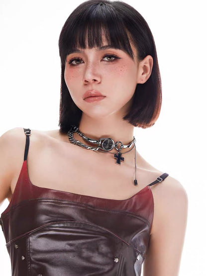Punk Niche Chunky Watch Cross Pendant Choker Metallic Necklace Sliver Titanium Steel Chain