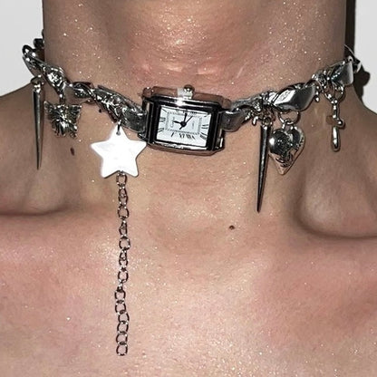 Cyberpunk Silver Watch Star Charm Leather Choker Necklace