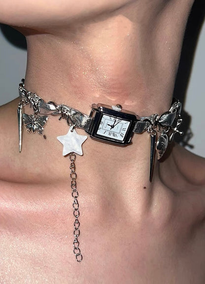 Cyberpunk Silver Watch Star Charm Leather Choker Necklace