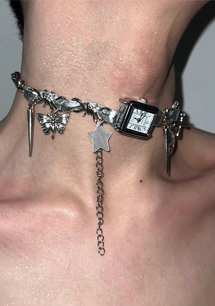 Cyberpunk Silver Watch Star Charm Leather Choker Necklace