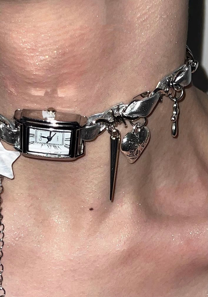 Cyberpunk Silver Watch Star Charm Leather Choker Necklace