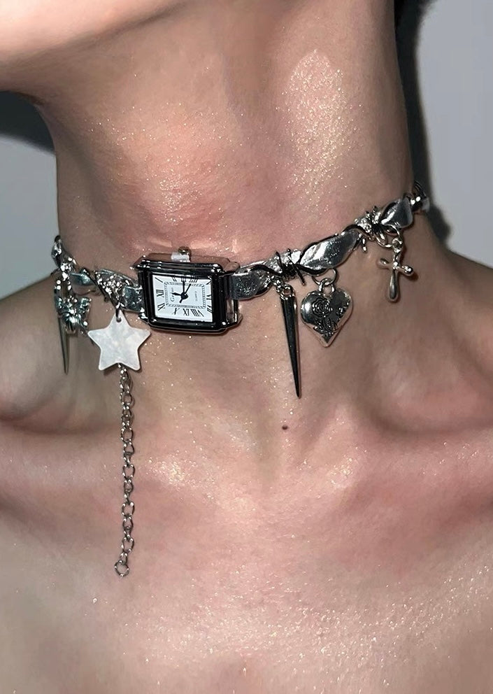 Cyberpunk Silver Watch Star Charm Leather Choker Necklace