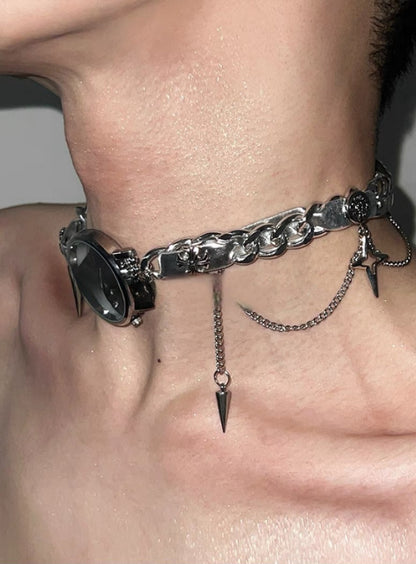Cyber Punk Niche Chunky Watch Leather Y2K Choker Metallic Jewelry Trendy Necklace Sliver Chain Accessories