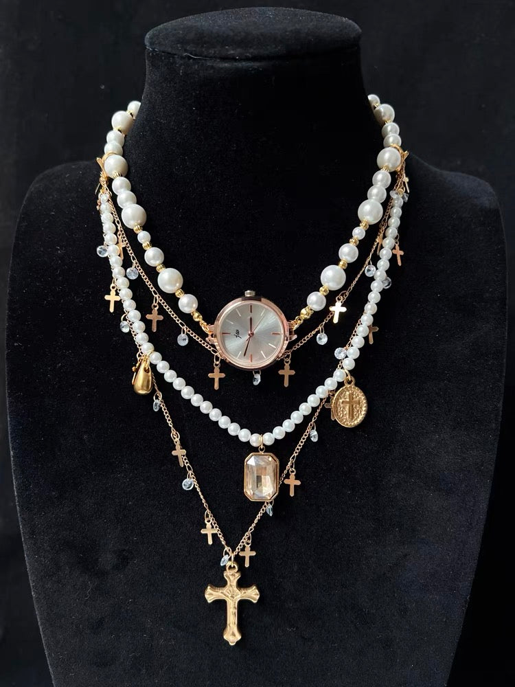 Vintage Jewelry Dainty Pearl Pendant Watch Layer Necklace Copper Plated 18K Cross Choker Chain