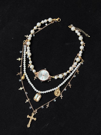 Vintage Jewelry Dainty Pearl Pendant Watch Layer Necklace Copper Plated 18K Cross Choker Chain