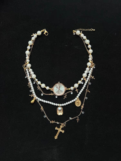 Vintage Jewelry Dainty Pearl Pendant Watch Layer Necklace Copper Plated 18K Cross Choker Chain