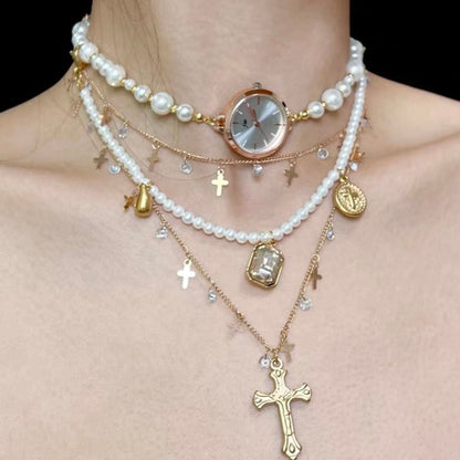 Vintage Jewelry Dainty Pearl Pendant Watch Layer Necklace Copper Plated 18K Cross Choker Chain