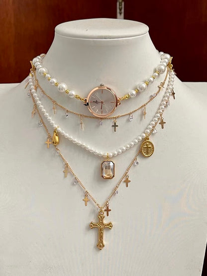 Vintage Jewelry Dainty Pearl Pendant Watch Layer Necklace Copper Plated 18K Cross Choker Chain