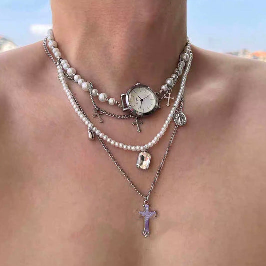 Pearl Watch Choker Necklace Punk Gothic Cross Stacked Y2K Chunky Layered Chain for Men Women