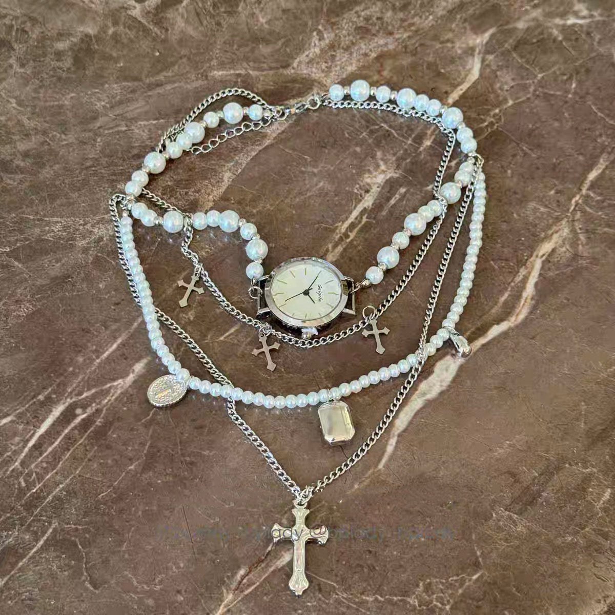 Pearl Watch Choker Necklace Punk Gothic Cross Stacked Y2K Chunky Layered Chain for Men Women