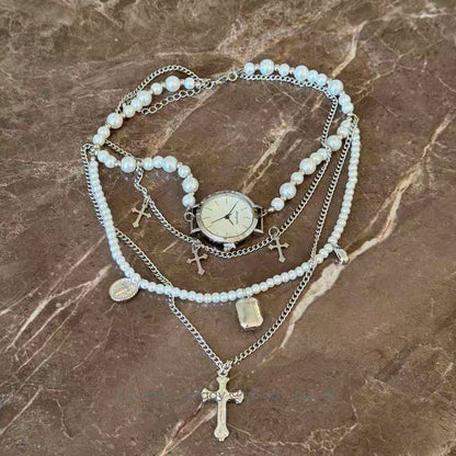 Pearl Watch Choker Necklace Punk Gothic Cross Stacked Y2K Chunky Layered Chain for Men Women