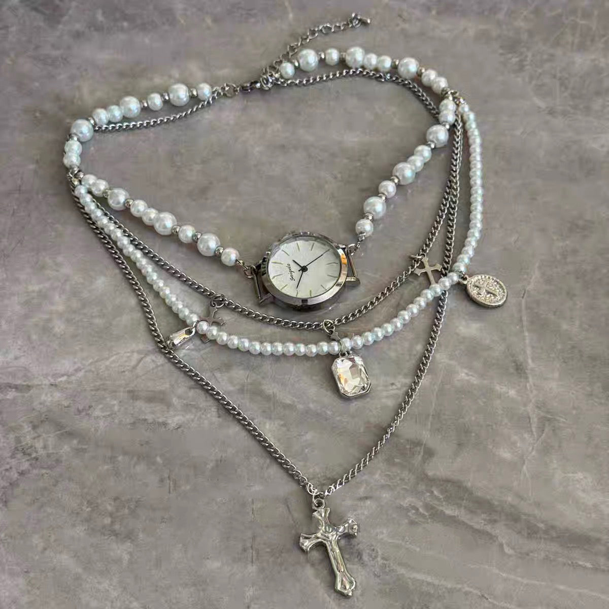 Pearl Watch Choker Necklace Punk Gothic Cross Stacked Y2K Chunky Layered Chain for Men Women