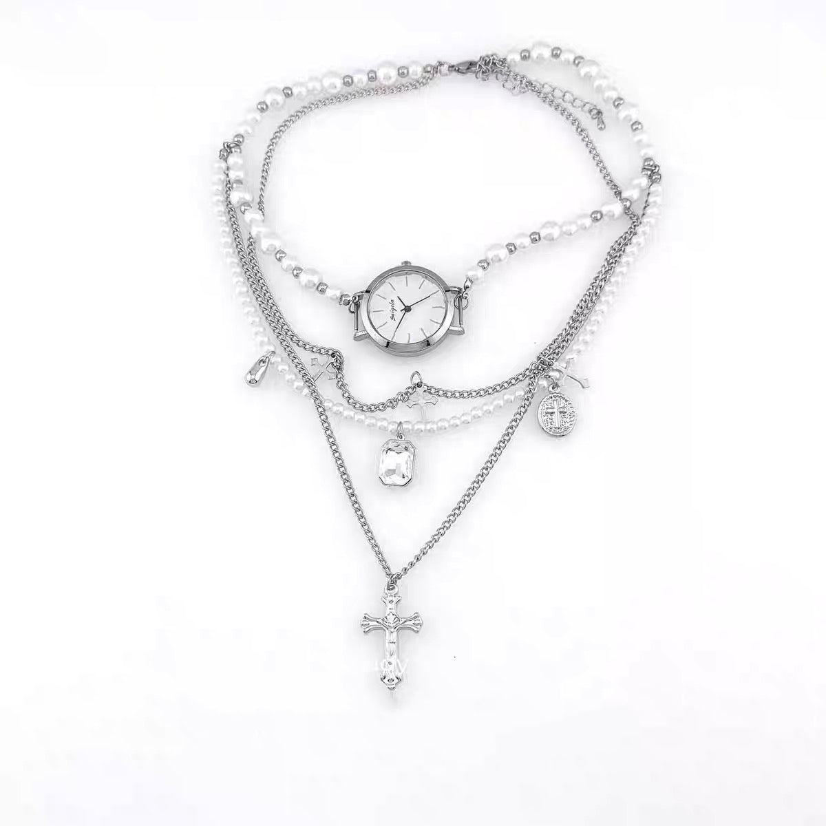 Pearl Watch Choker Necklace Punk Gothic Cross Stacked Y2K Chunky Layered Chain for Men Women