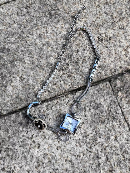 Cyber Punk Silver Watch Choker ，Y2K Metallic， Niche Chunky Chain，Camellia Flower Necklace， Vintage Elegant，Gift for Man and Woman.