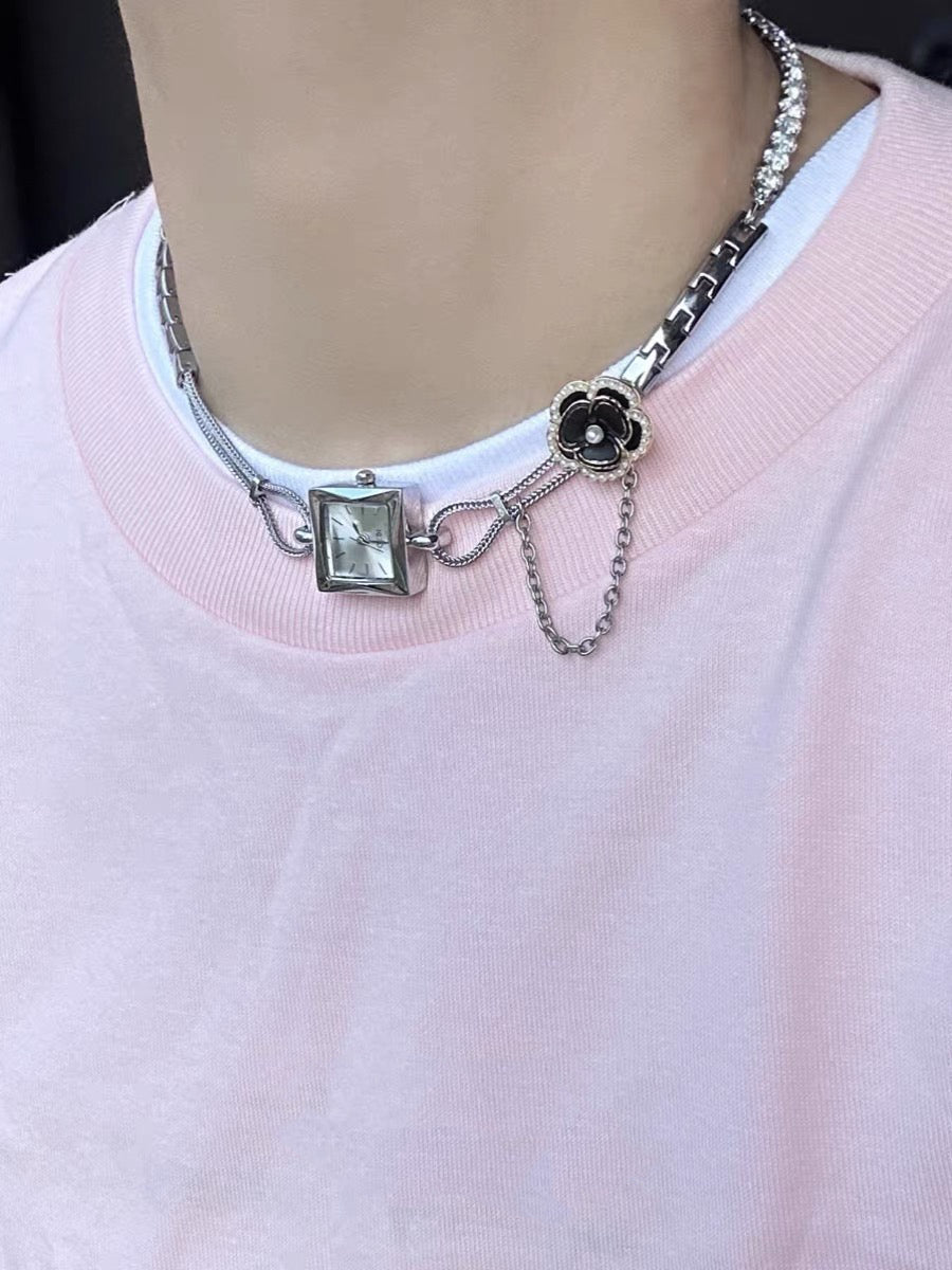 Cyber Punk Silver Watch Choker ，Y2K Metallic， Niche Chunky Chain，Camellia Flower Necklace， Vintage Elegant，Gift for Man and Woman.