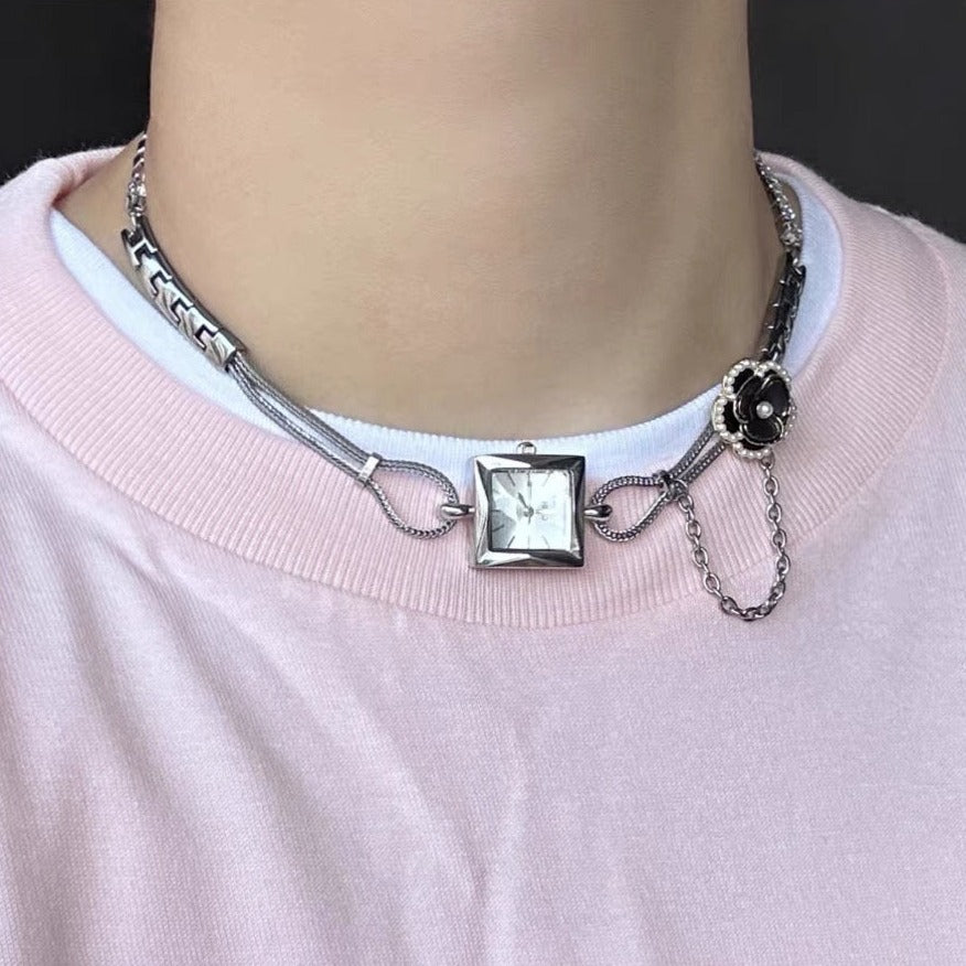 Cyber Punk Silver Watch Choker ，Y2K Metallic， Niche Chunky Chain，Camellia Flower Necklace， Vintage Elegant，Gift for Man and Woman.