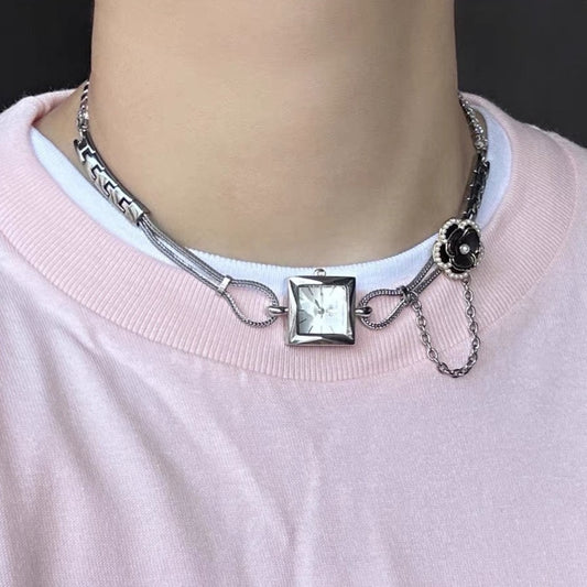 Cyber Punk Silver Watch Choker ，Y2K Metallic， Niche Chunky Chain，Camellia Flower Necklace， Vintage Elegant，Gift for Man and Woman.