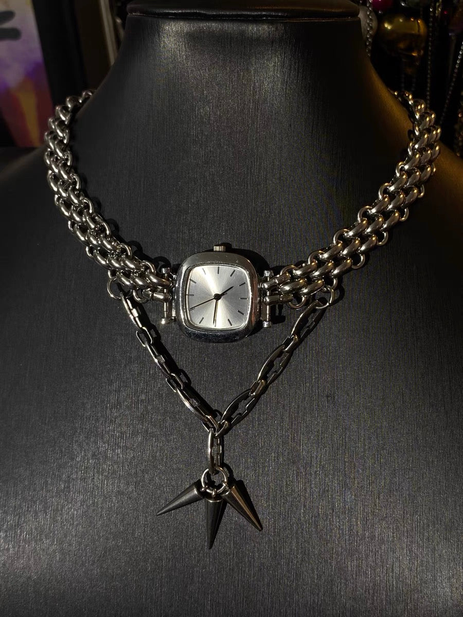 Punk Niche Chunky Choker Watch Necklace Y2K Metallic Gothic Cuban Chain for Men and Women