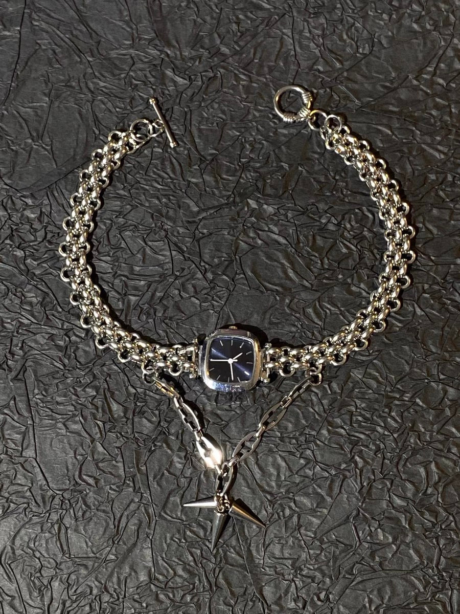 Punk Niche Chunky Choker Watch Necklace Y2K Metallic Gothic Cuban Chain for Men and Women