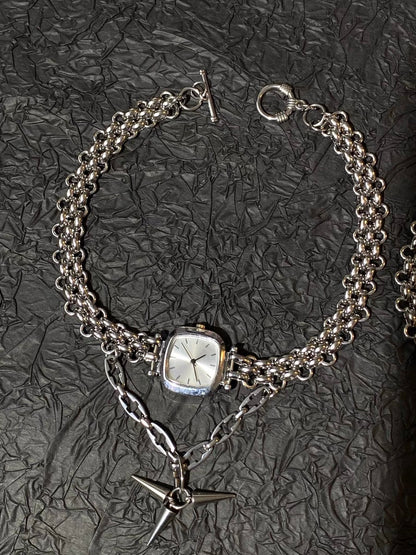 Punk Niche Chunky Choker Watch Necklace Y2K Metallic Gothic Cuban Chain for Men and Women