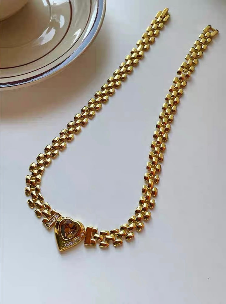 Heart Shape Rhinestone Choker Retro Dainty Pendant Vintage Jewelry Necklace Long Chain