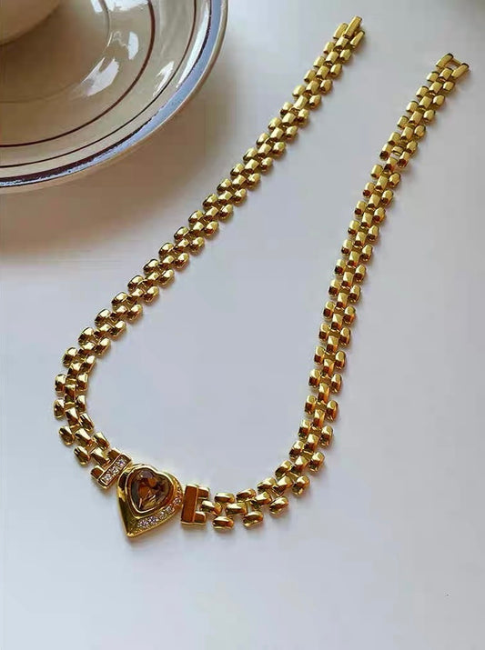 Heart Shape Rhinestone Choker Retro Dainty Pendant Vintage Jewelry Necklace Long Chain