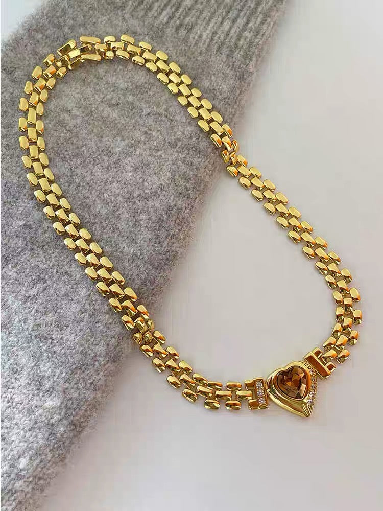 Heart Shape Rhinestone Choker Retro Dainty Pendant Vintage Jewelry Necklace Long Chain