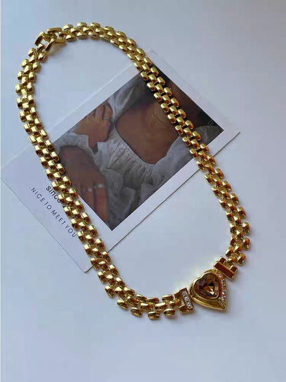Heart Shape Rhinestone Choker Retro Dainty Pendant Vintage Jewelry Necklace Long Chain