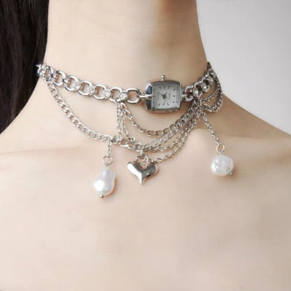 Cyberpunk Baroque Silver Watch Necklace, Y2K Metal Gothic, Chunky Layered Chain Necklace, Unique and Personalized Accessories